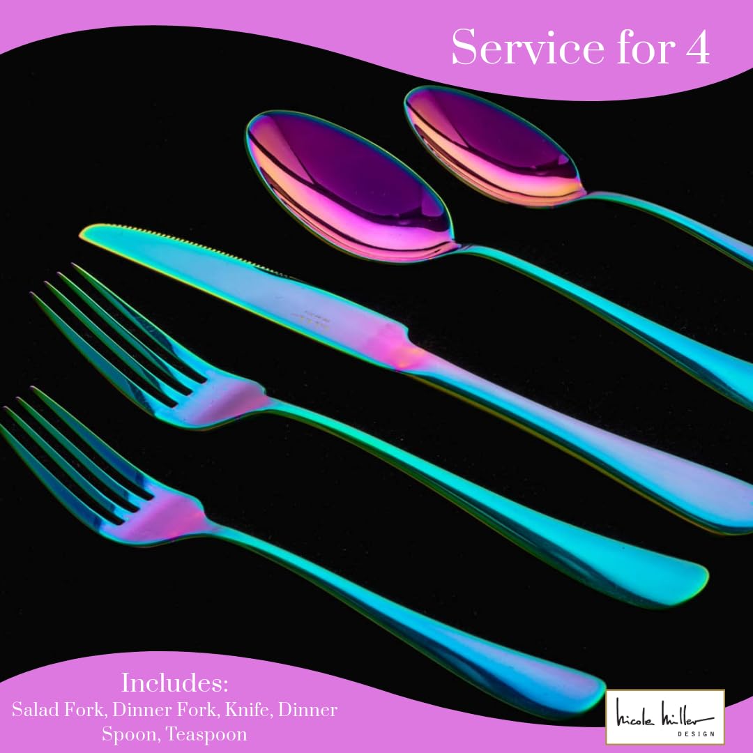 Nicole Miller 20-Piece Rainbow Flatware Set - Modern Stainles Steel Kitchen Utensils For A Stylish Dining, Service for 4 - Image 3
