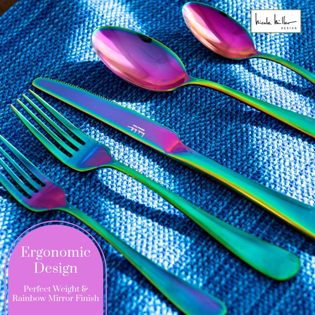 Nicole Miller 20-Piece Rainbow Flatware Set - Modern Stainles Steel Kitchen Utensils For A Stylish Dining, Service for 4 - Image 5