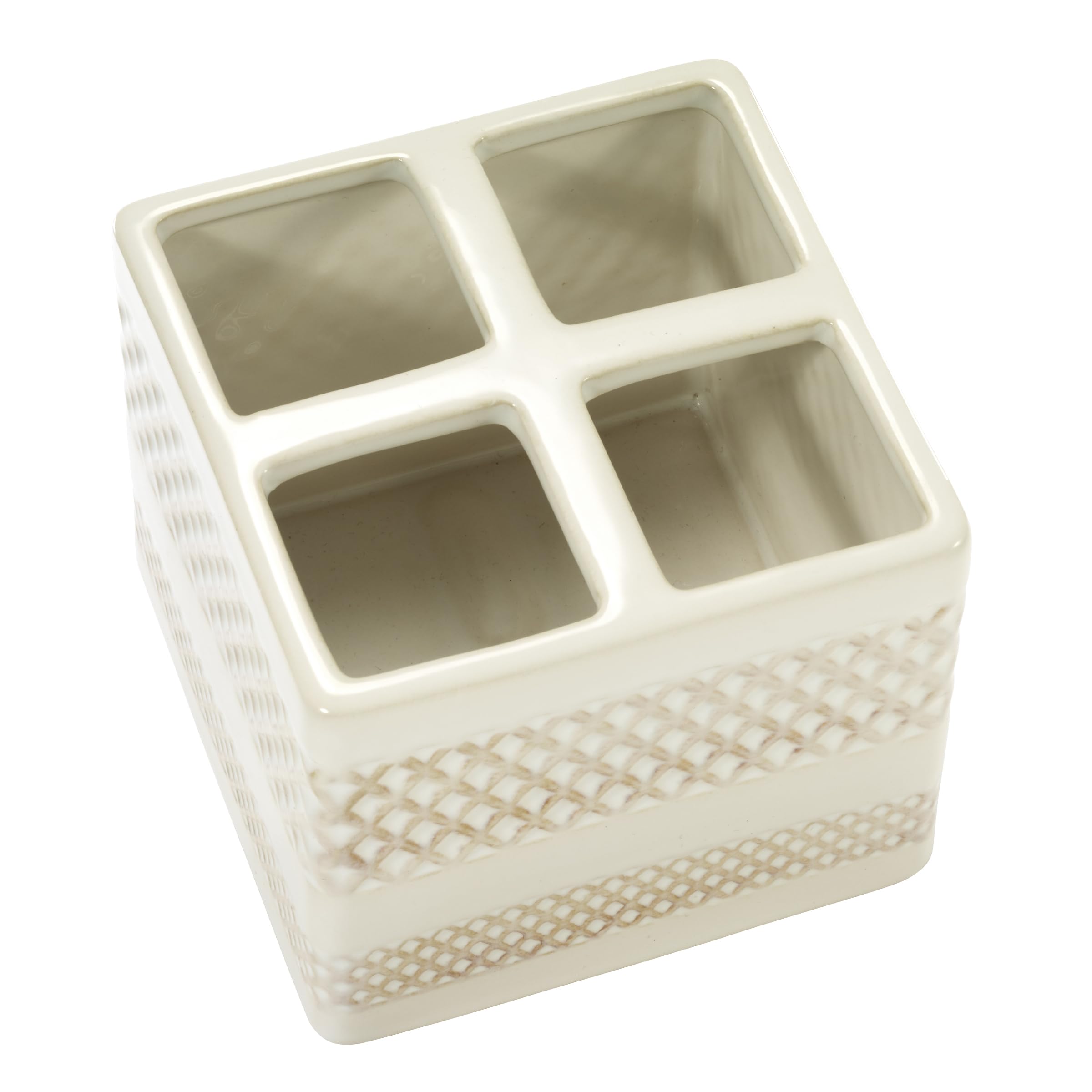 Nicole Miller – Countertop Organizer, Glossy Cream Ceramic Embossed Trellis Bands & Reactive Glaze Finish, Perfect Storing Cotton Balls, Swabs, Makeup Brushes & Small Bathroom Essentials (Lyra) - Image 3