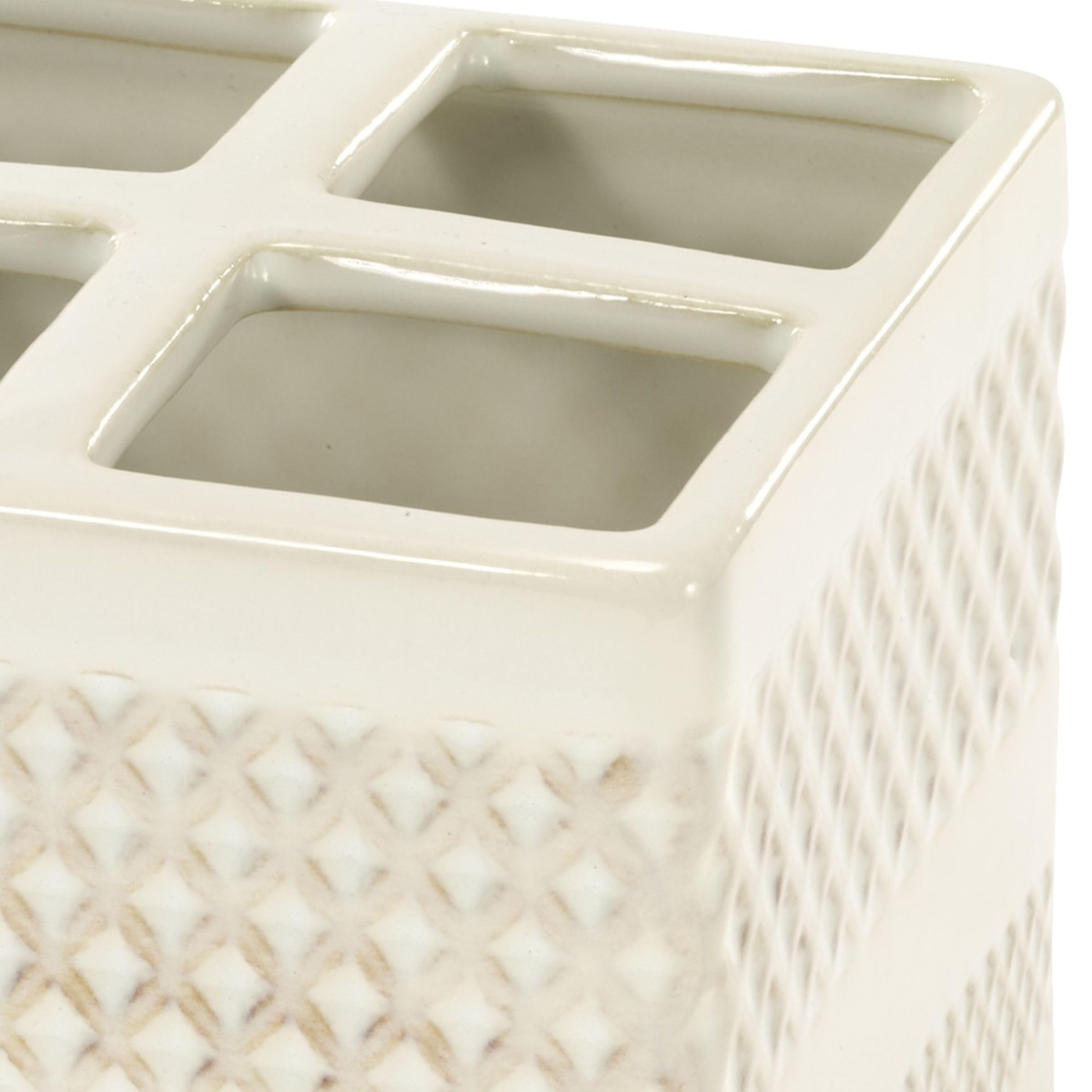 Nicole Miller – Countertop Organizer, Glossy Cream Ceramic Embossed Trellis Bands & Reactive Glaze Finish, Perfect Storing Cotton Balls, Swabs, Makeup Brushes & Small Bathroom Essentials (Lyra) - Image 5