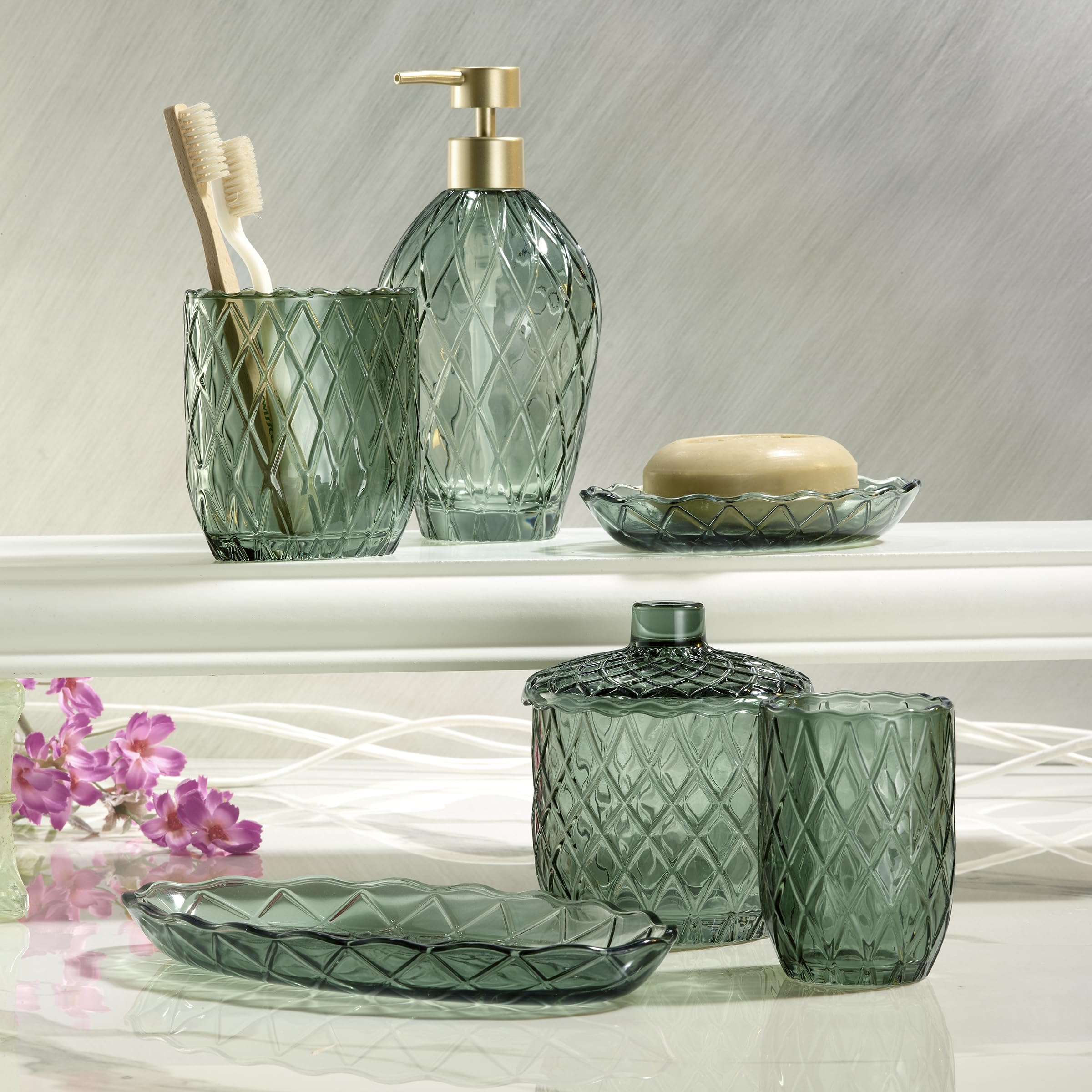 Nicole Miller – Covered Jar, Embossed Glass with Scalloped Edge & Lift-Off Lid, Decorative Storage for Bathroom, Kitchen, Bedroom or Office (Bijou Green) - Image 4