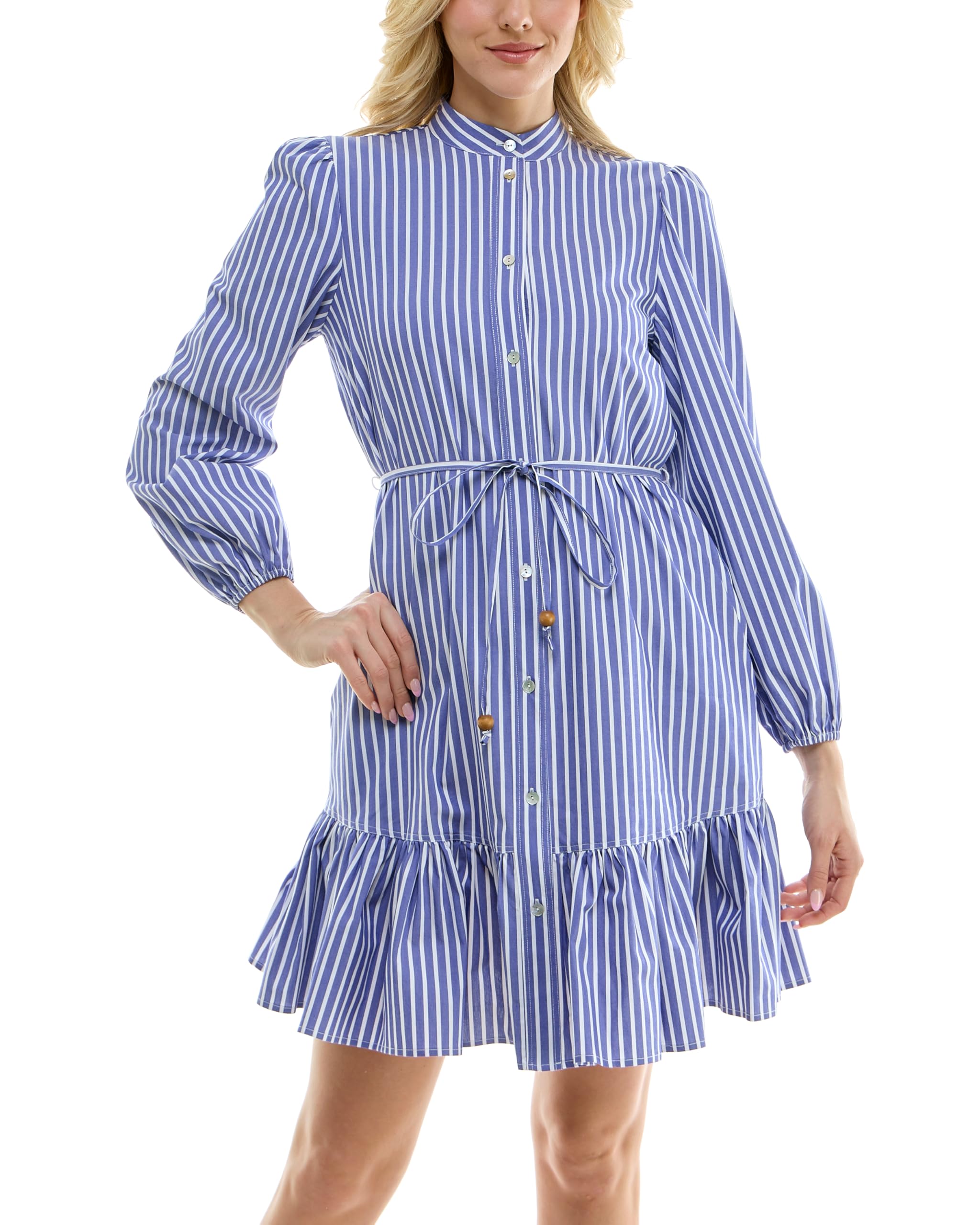 Nicole Miller New York Women's Long Sleeved Collarless Shirtdress with Self Tie - Image 4