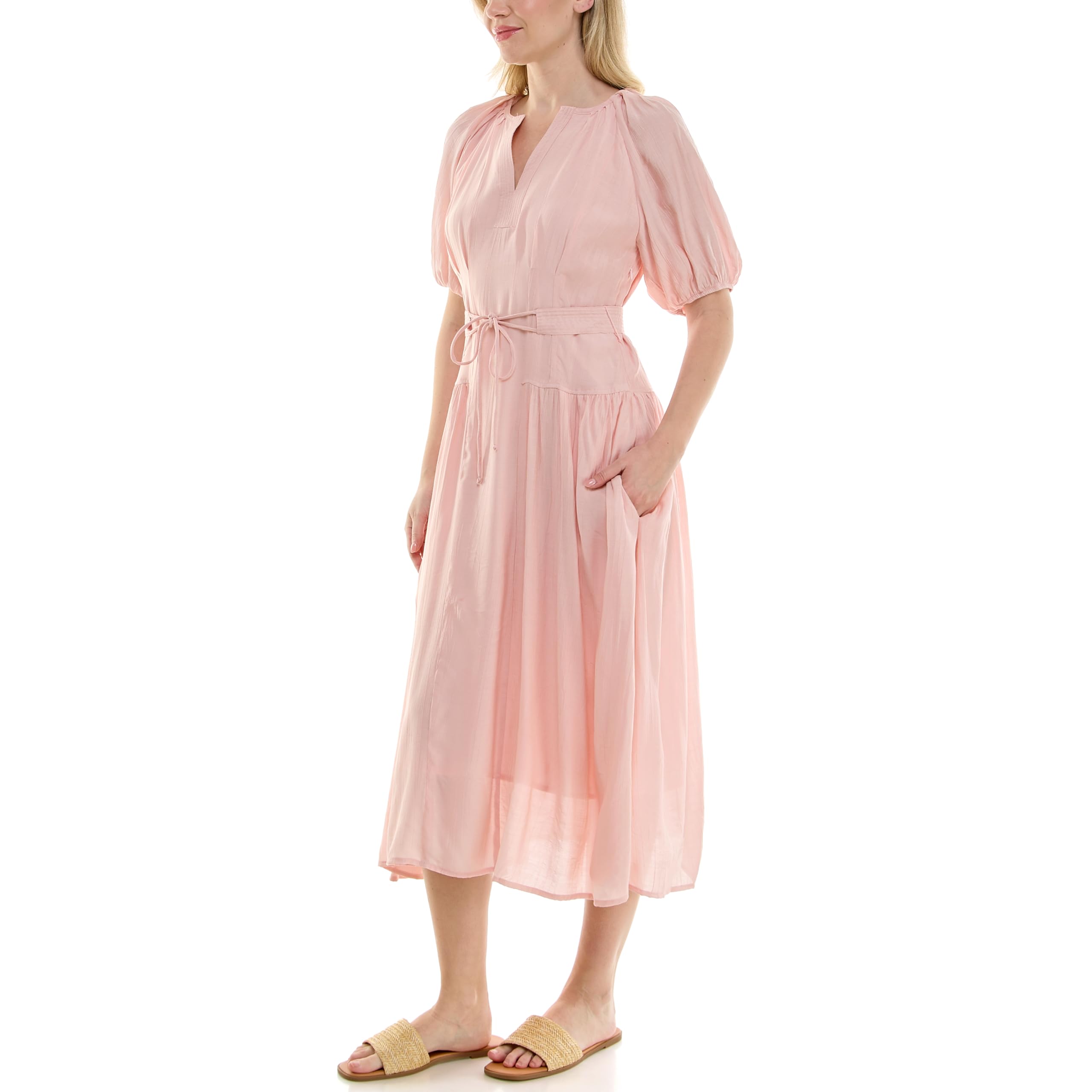 Nicole Miller New York Women's Split Neck Selena Crinkle Midi Dress with Blouson Elbow Sleeve - Image 3