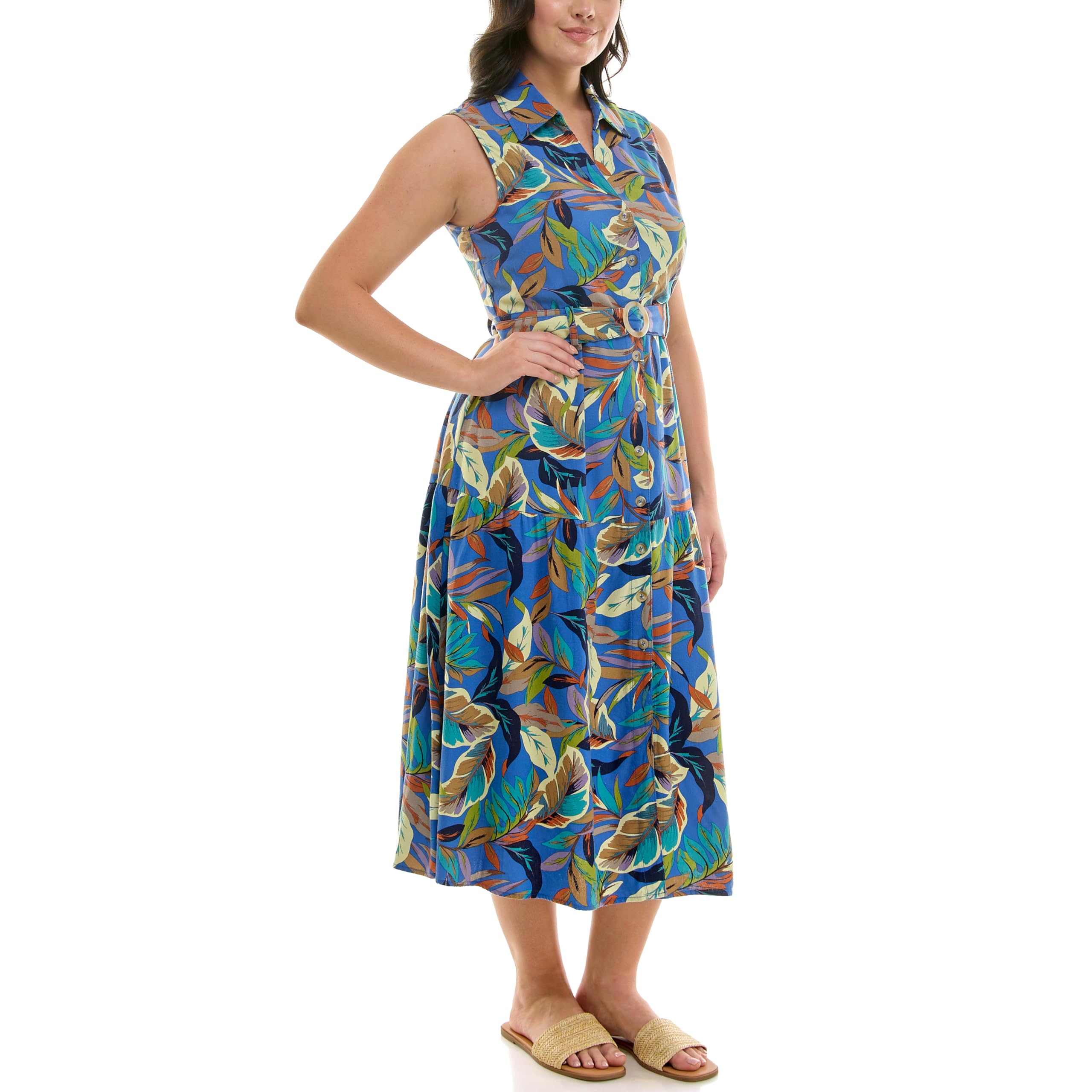 Nicole Miller New York Womens Sleeveless Shirt Collar Belted Tiered Shirt Dress - Image 3