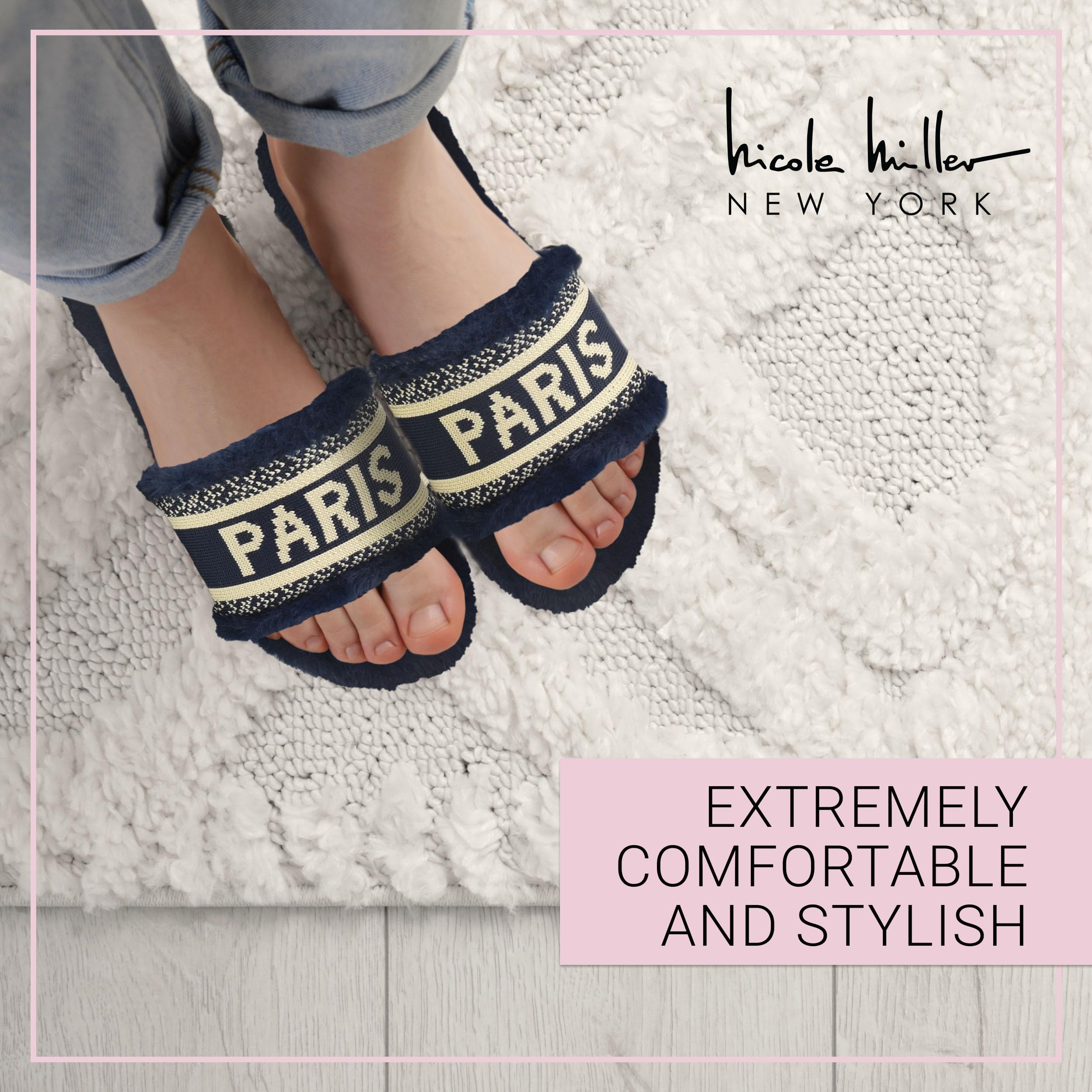 Nicole Miller Paris Flat Slide Slippers for Women, Chic Faux Fur Lined Sandals - Fashionable Women's Slippers Perfect for Indoor & Outdoor Use - Stylish Gifts for Women - Image 3