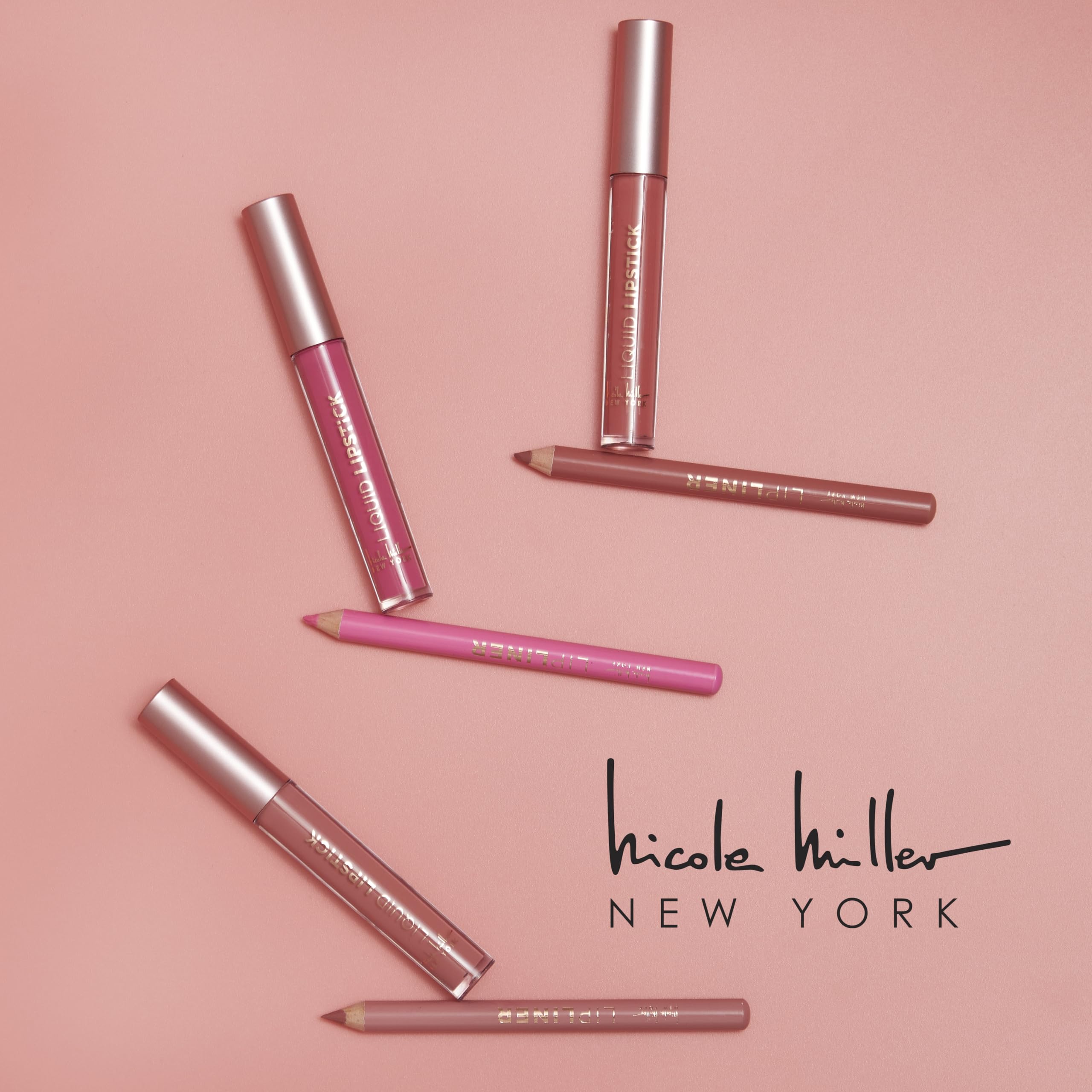 Nicole Miller Rosy Nudes Lip Collection | 6 Piece Set | 3 Luxurious Lip Liners & 3 Liquid Lip Sticks in Light Rose, Rosy Mauve, and Deep Peach - Image 3