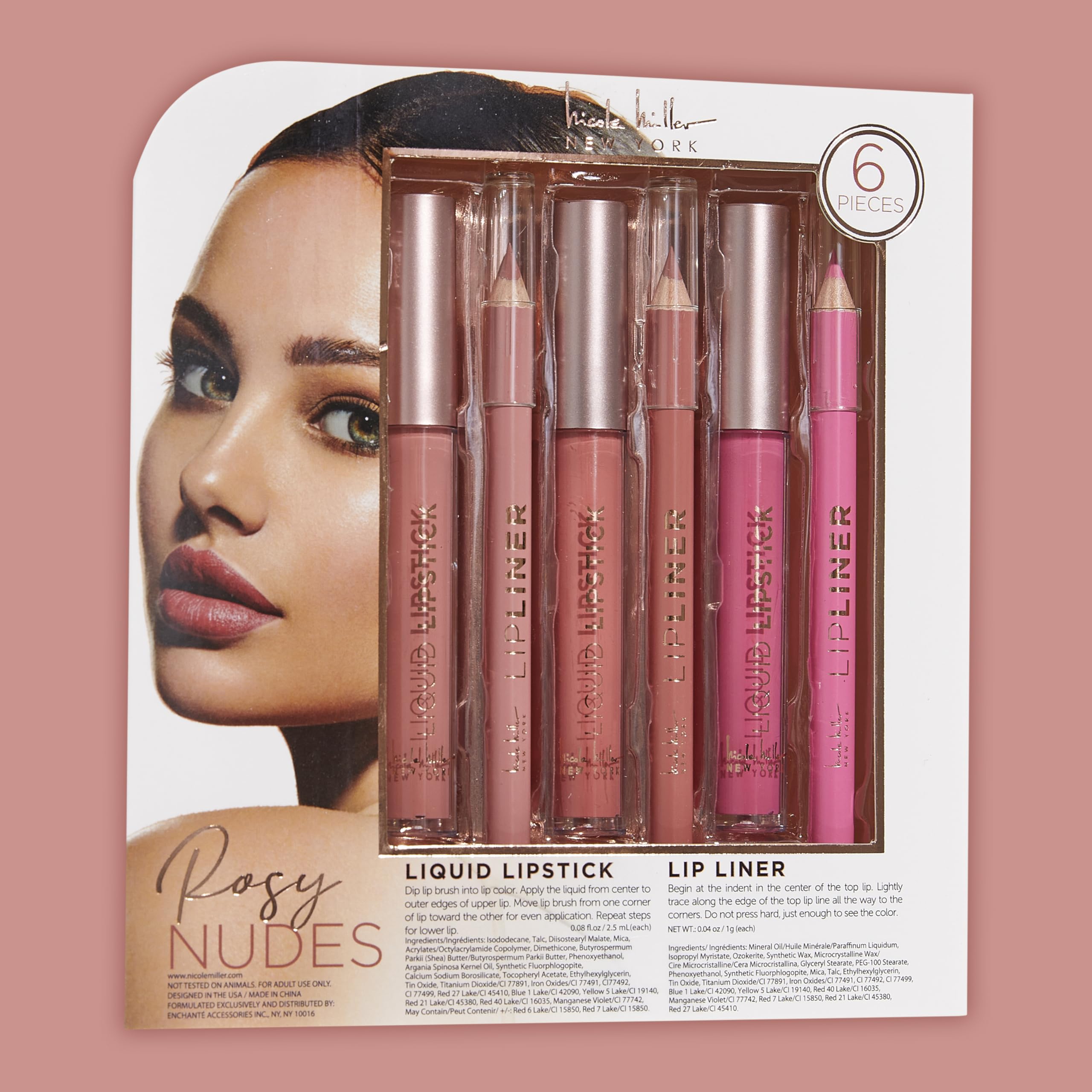 Nicole Miller Rosy Nudes Lip Collection | 6 Piece Set | 3 Luxurious Lip Liners & 3 Liquid Lip Sticks in Light Rose, Rosy Mauve, and Deep Peach - Image 4