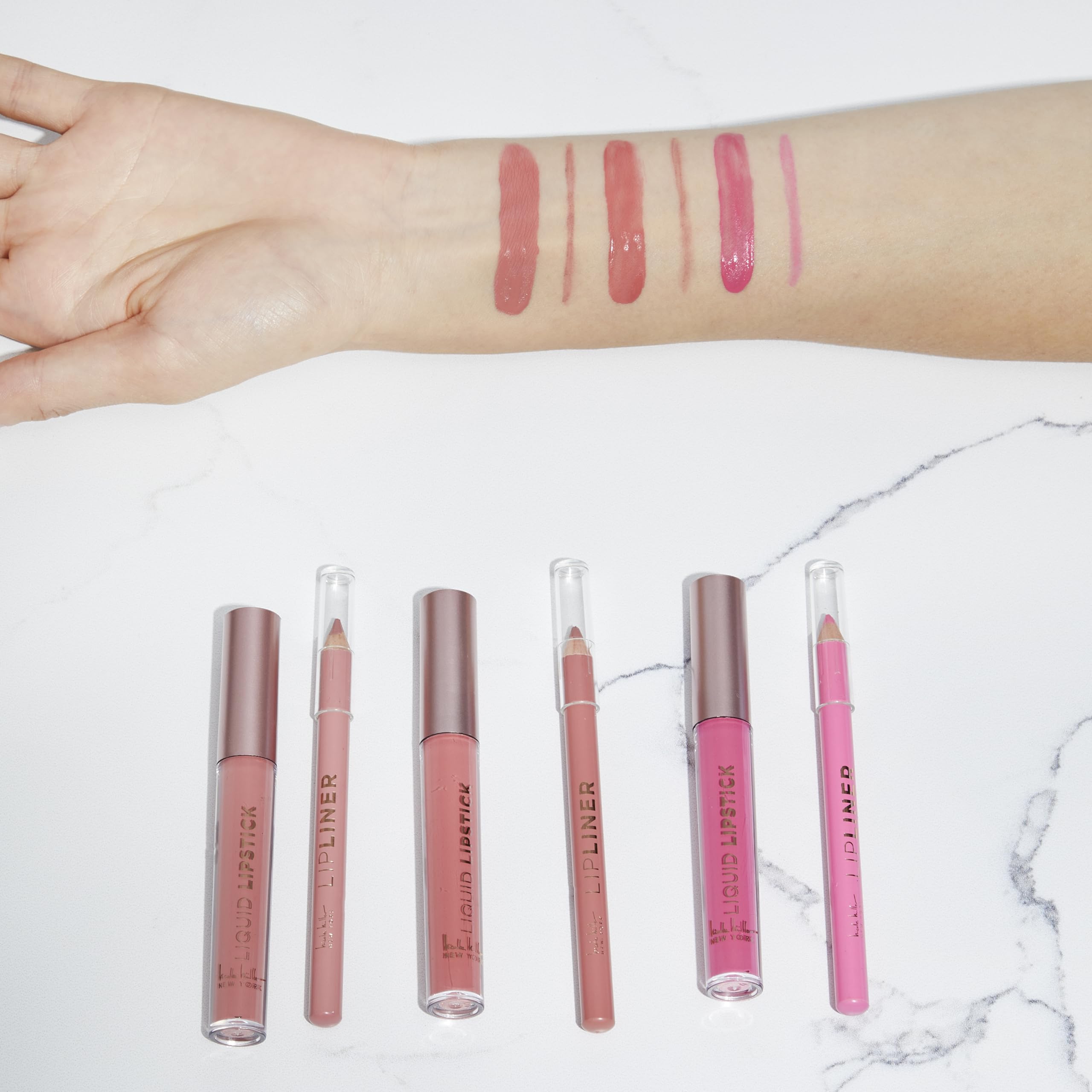 Nicole Miller Rosy Nudes Lip Collection | 6 Piece Set | 3 Luxurious Lip Liners & 3 Liquid Lip Sticks in Light Rose, Rosy Mauve, and Deep Peach - Image 5
