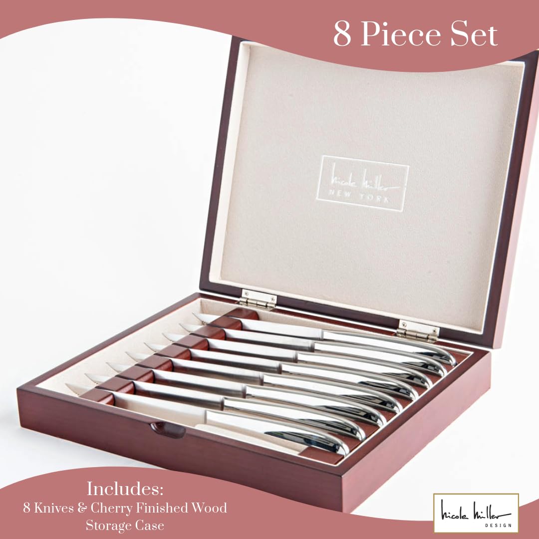 Nicole Miller Steak Knife Set - 8-Piece Stainless Steel Steak Knife Set with Mahogany Storage Case - Image 3