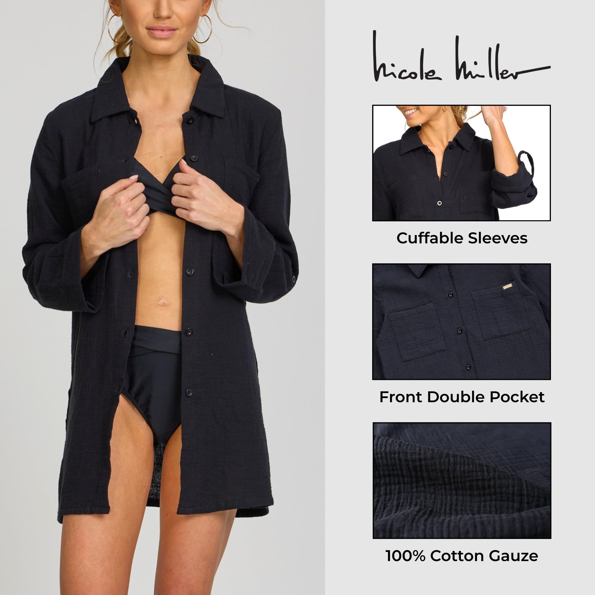 Nicole Miller Swimsuit Coverup for Women - Lightweight Long Sleeve Button Down Shirt Dress Beach Cover Up Top Beachwear - Image 4