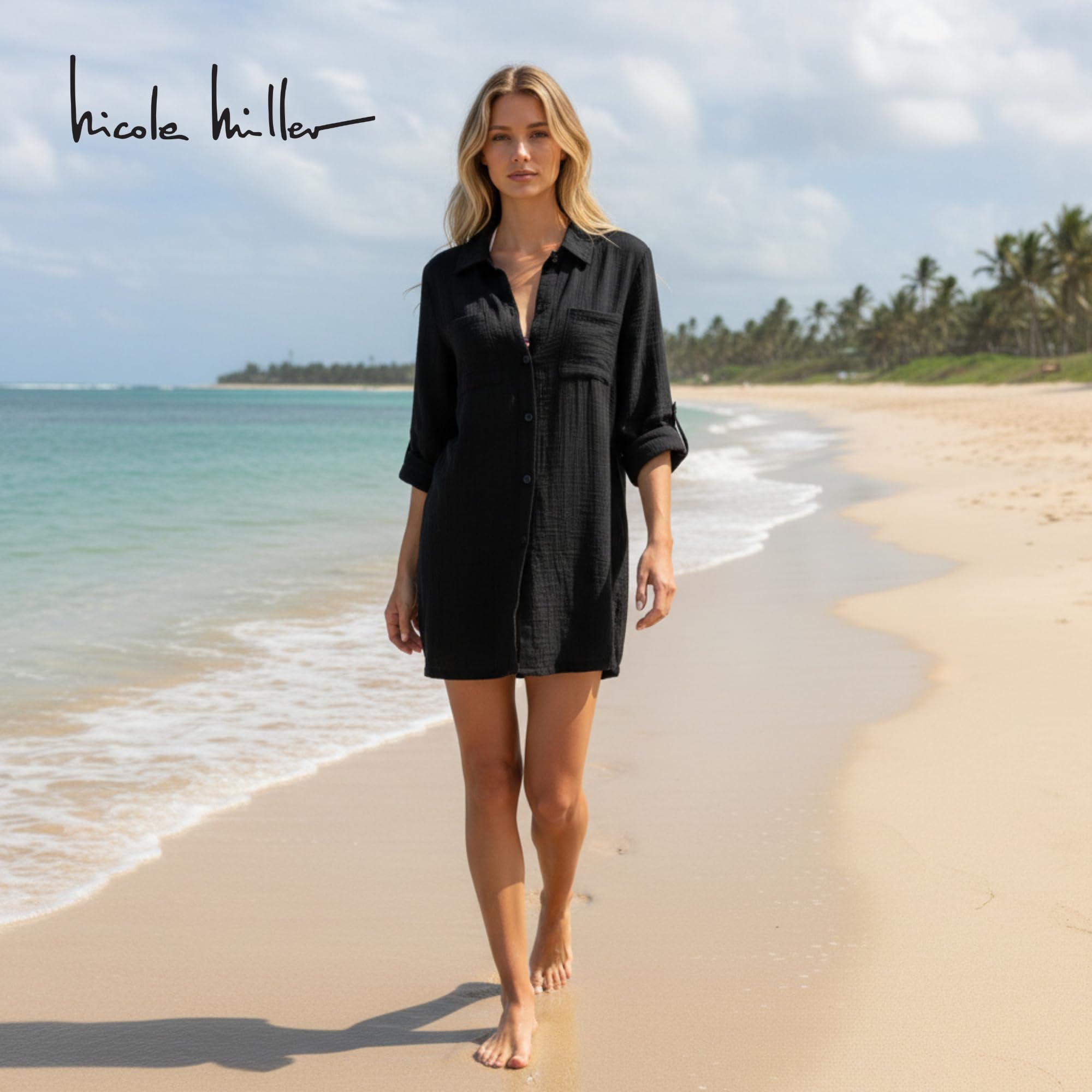 Nicole Miller Swimsuit Coverup for Women - Lightweight Long Sleeve Button Down Shirt Dress Beach Cover Up Top Beachwear - Image 7