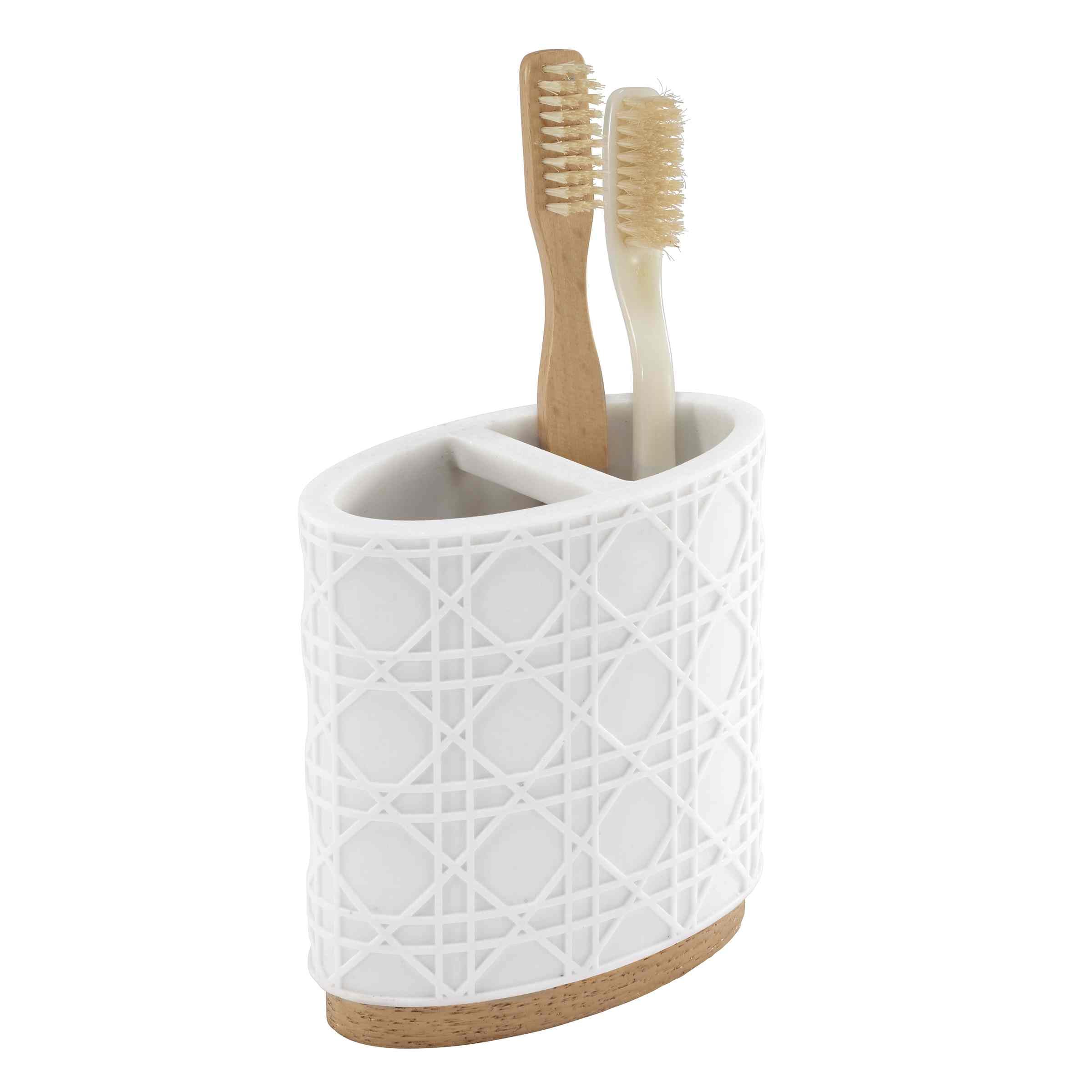 Nicole Miller - Toothbrush Holder, Durable Resin Countertop Accessories with Faux-Wood Base, Modern Bathroom Decor, Dorm Room Essentials (Lena Collection, White) - Image 3