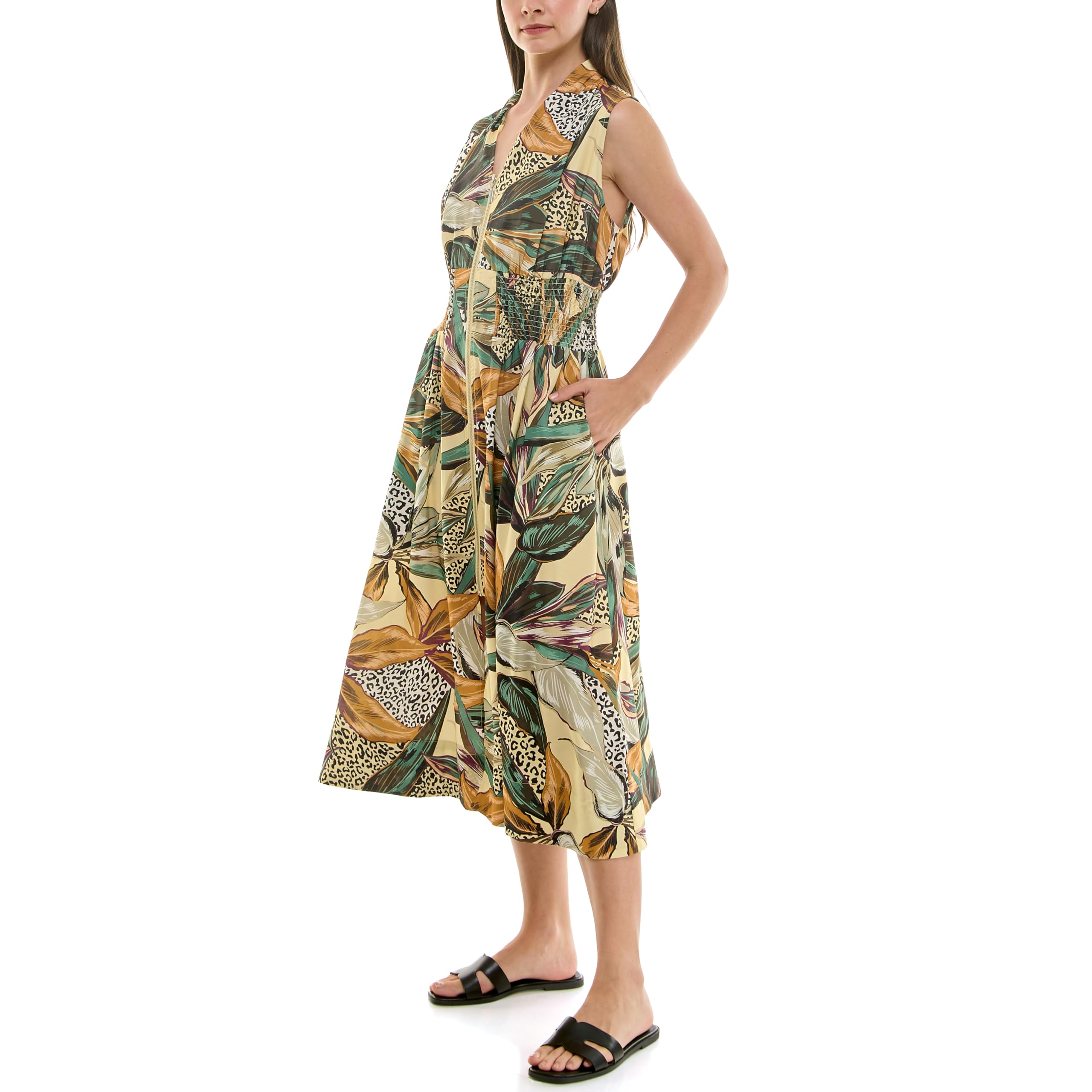 Nicole Miller Women's Zip Front Printed Midi Dress with Smocked Waist, Butter Tropic Print, XL - Image 3