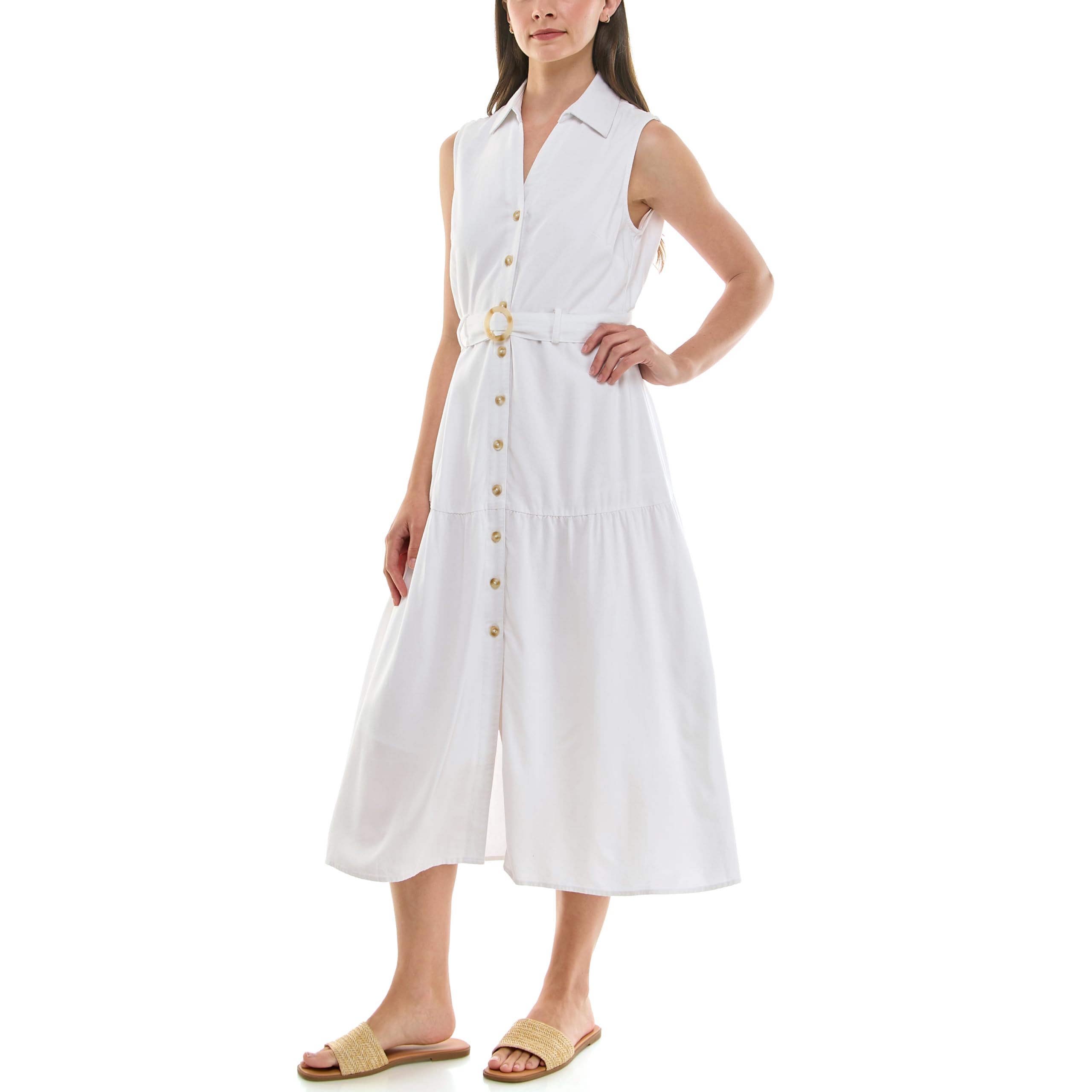 Nicole Miller Womens Sleeveless Shirt Collar Belted Tiered Shirt Dress - Image 3